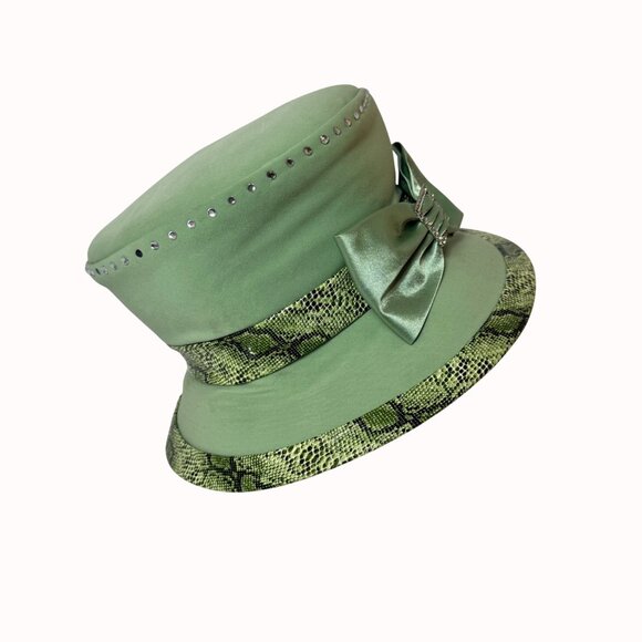 Lisa Rene Green Church Hat VTG Satin Wide Brim Derby Statement Fashion Headpiece main image 7